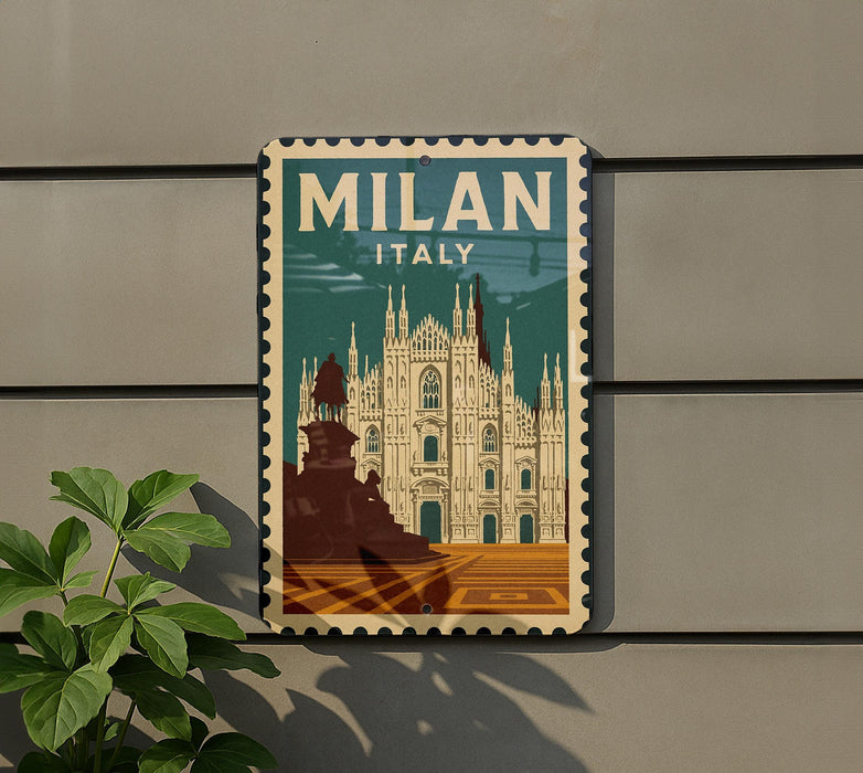 A vintage-style poster of the Milan Cathedral, a famous landmark in Italy, is displayed on a wall.