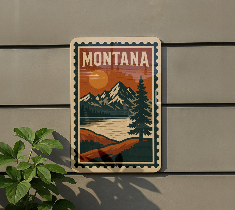 A vintage-style sign depicting a scenic mountain landscape with a lake and pine trees, mounted on a wall.