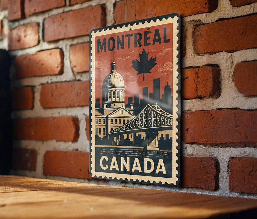 A vintage-style metal sign featuring the city of Montreal, Canada, with a maple leaf and a bridge in the background.