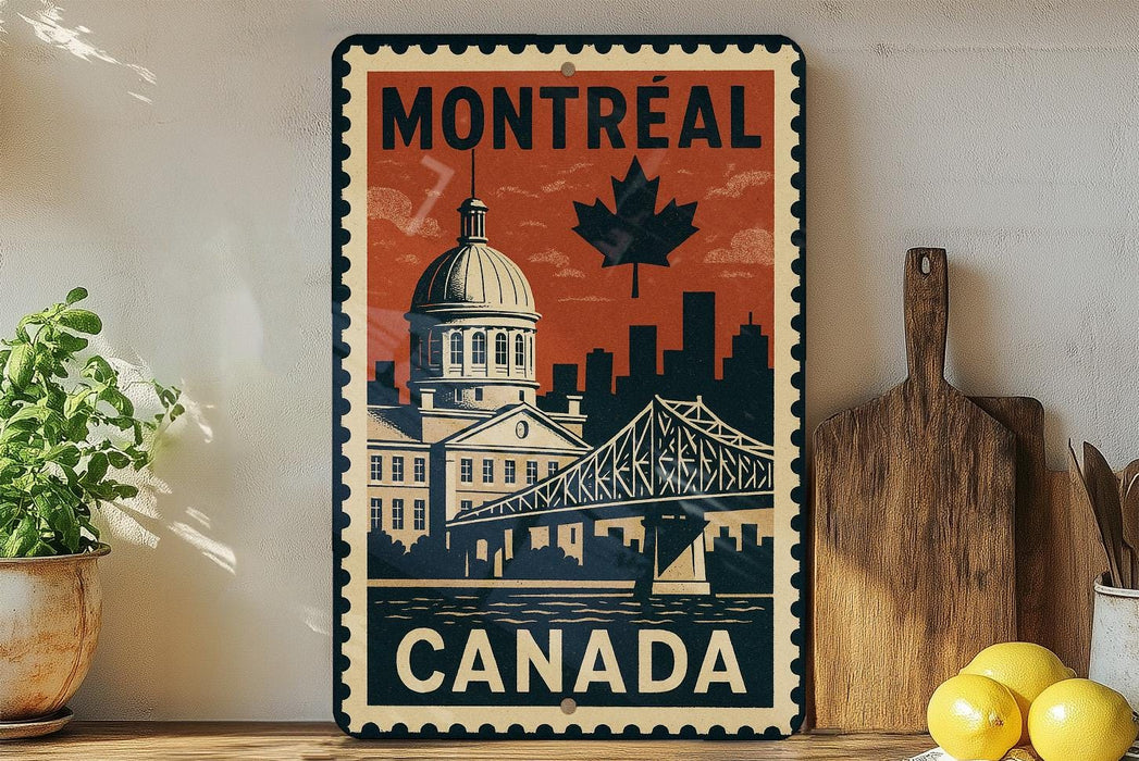 A vintage-style metal sign with the text "MONTREAL CANADA" and an illustration of the Montreal skyline, including the iconic dome of the Old Quebec Palace.