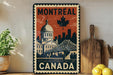 A vintage-style metal sign with the text "MONTREAL CANADA" and an illustration of the Montreal skyline, including the iconic dome of the Old Quebec Palace.