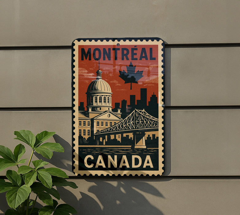 A vintage-style metal sign with the text "MONTREAL CANADA" and an illustration of a city skyline, including a dome and a bridge, is displayed on a wall.