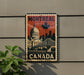 A vintage-style metal sign with the text "MONTREAL CANADA" and an illustration of a city skyline, including a dome and a bridge, is displayed on a wall.