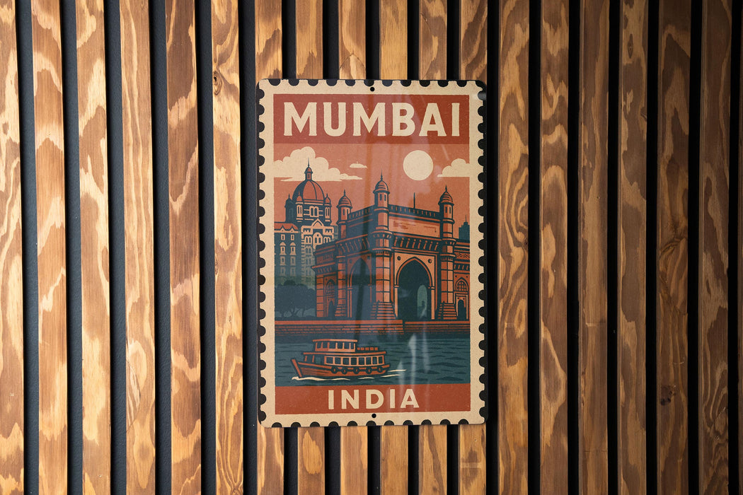 A vintage-style poster of Mumbai, India, featuring a boat on the water and a building with a dome, mounted on a wooden wall.