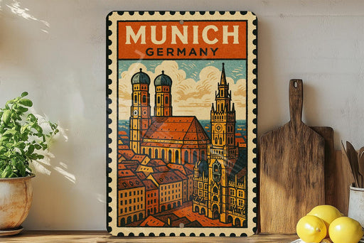 a vintage-style poster of Munich, Germany, with a colorful illustration of the city's landmarks and architecture. The poster is displayed on a wall, with a wooden cutting board and a potted plant to the left, and a bowl of lemons to the right.