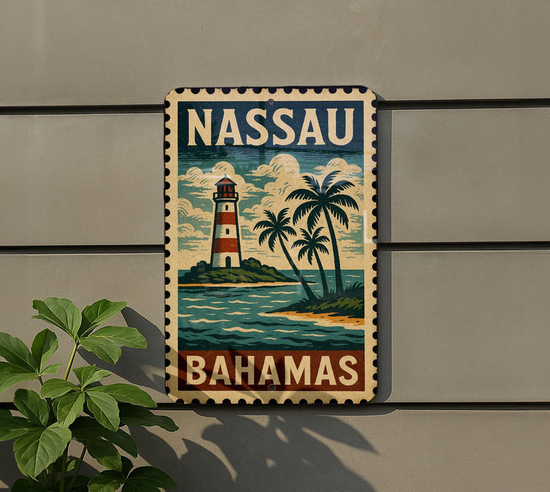 A vintage-style sign for Nassau, Bahamas, featuring a lighthouse and palm trees, is displayed on a wall.