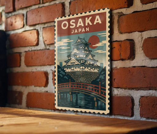 A vintage-style poster of Osaka, Japan, featuring a castle or pagoda-style building with a bridge in the background, set against a brick wall.