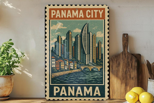A framed poster of Panama City, featuring a cityscape with tall buildings and a bridge, is displayed on a wall next to a wooden cutting board and some potted plants.