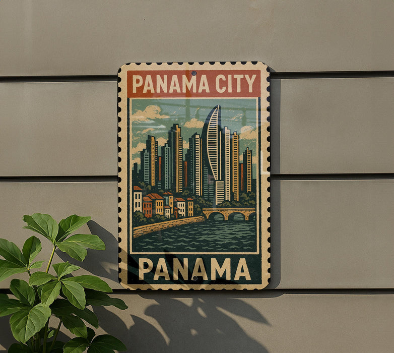A vintage-style metal sign with a cityscape illustration and the text "Panama City Panama" is displayed on a wall.