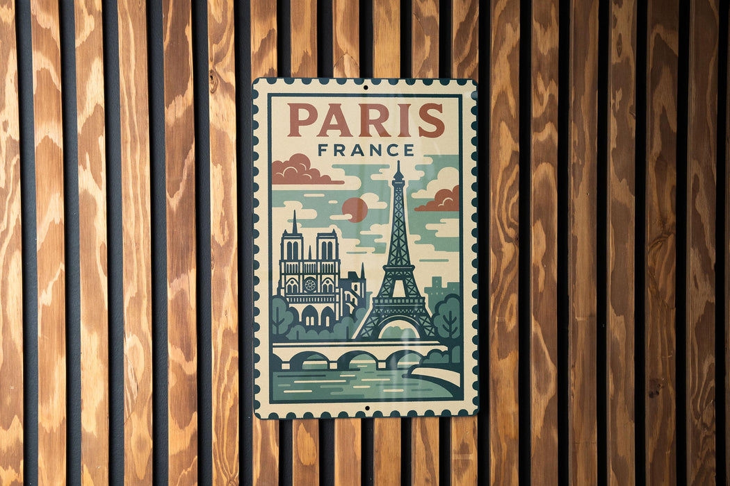 A vintage-style poster of Paris, France, featuring the Eiffel Tower and other iconic landmarks, is displayed on a wooden wall.
