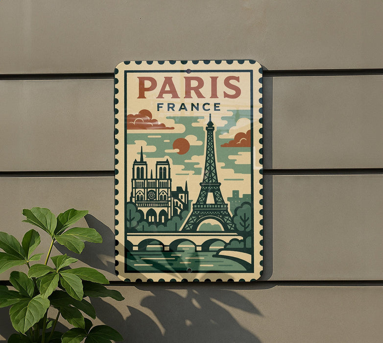 A vintage-style metal sign with the text "PARIS FRANCE" and an illustration of the Eiffel Tower and other Parisian landmarks, mounted on a wall.