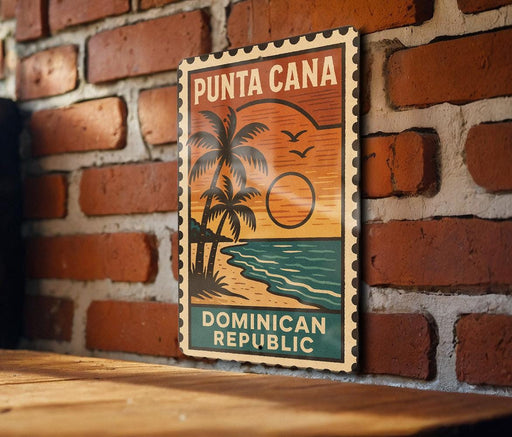A vintage-style poster of Puna Cana, the Dominican Republic, is displayed on a brick wall.