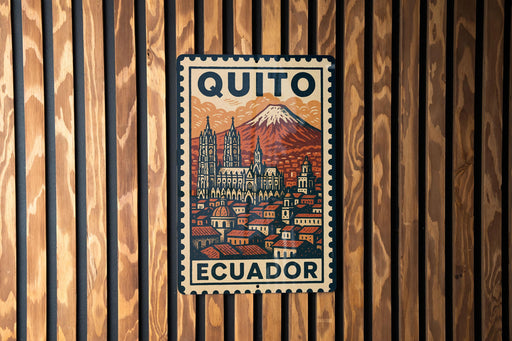A metal sign with a colorful illustration of a cityscape and a mountain, mounted on a wooden wall.