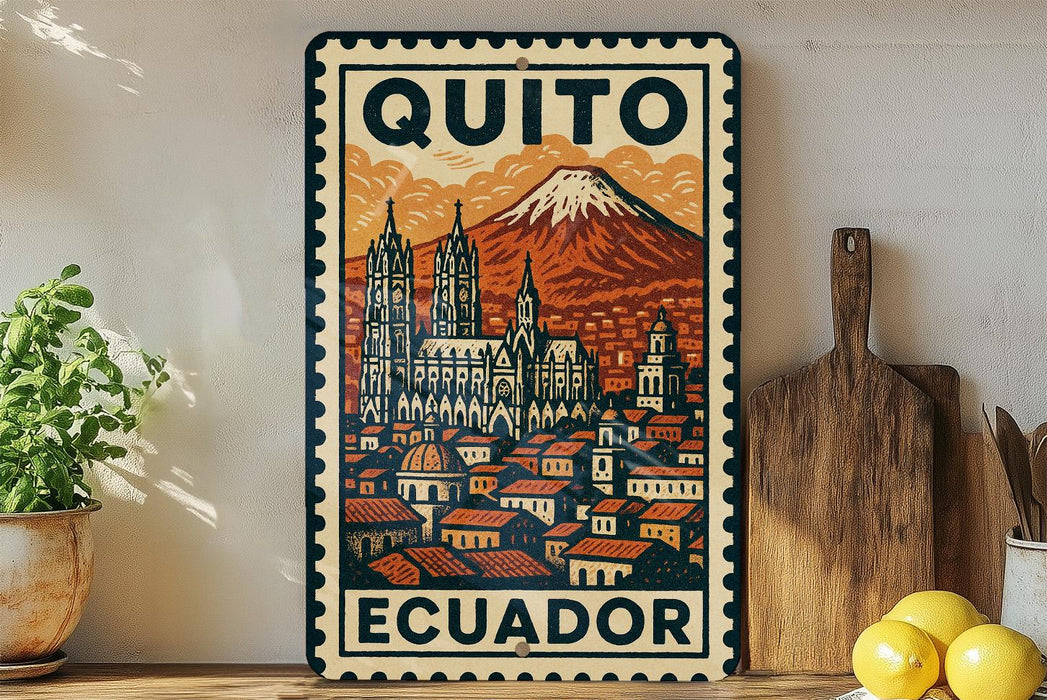 A vintage-style metal sign with a colorful illustration of a cityscape and a mountain, displaying the text "QUITO ECUADOR".
