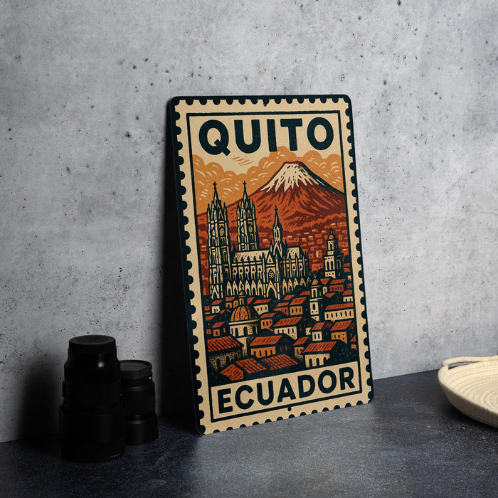 A metal sign with a colorful illustration of Quito, Ecuador, featuring a mountain and buildings, is displayed on a table.