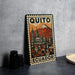 A metal sign with a colorful illustration of Quito, Ecuador, featuring a mountain and buildings, is displayed on a table.