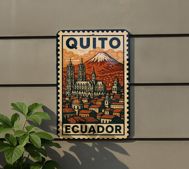A metal sign with a vintage-style illustration of Quito, Ecuador, featuring a mountain and a cityscape.