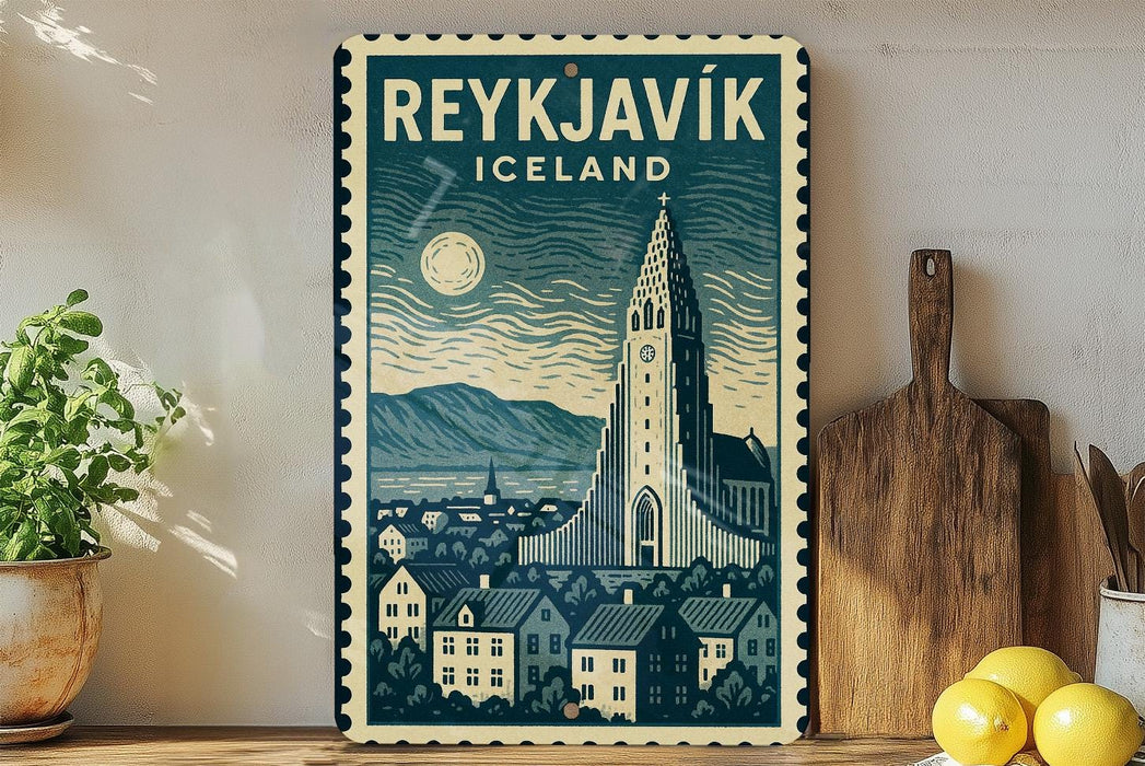A vintage-style metal sign with a stylized illustration of Reykjavik, Iceland, featuring a church spire and a cityscape, is displayed on a shelf next to a wooden cutting board and a potted plant.