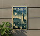 A vintage-style poster of Reykjavik, Iceland, featuring the city's iconic landmarks and skyline, is displayed on a wall.