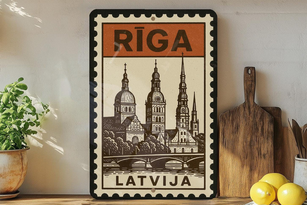 A framed poster of the Riga Cathedral in Latvia, featuring a detailed illustration of the cathedral's architecture.