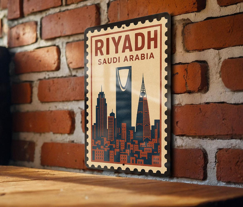A vintage-style metal sign with the text "RIYADH SAUDI ARABIA" and an illustration of the skyline of Riyadh, Saudi Arabia, mounted on a brick wall.