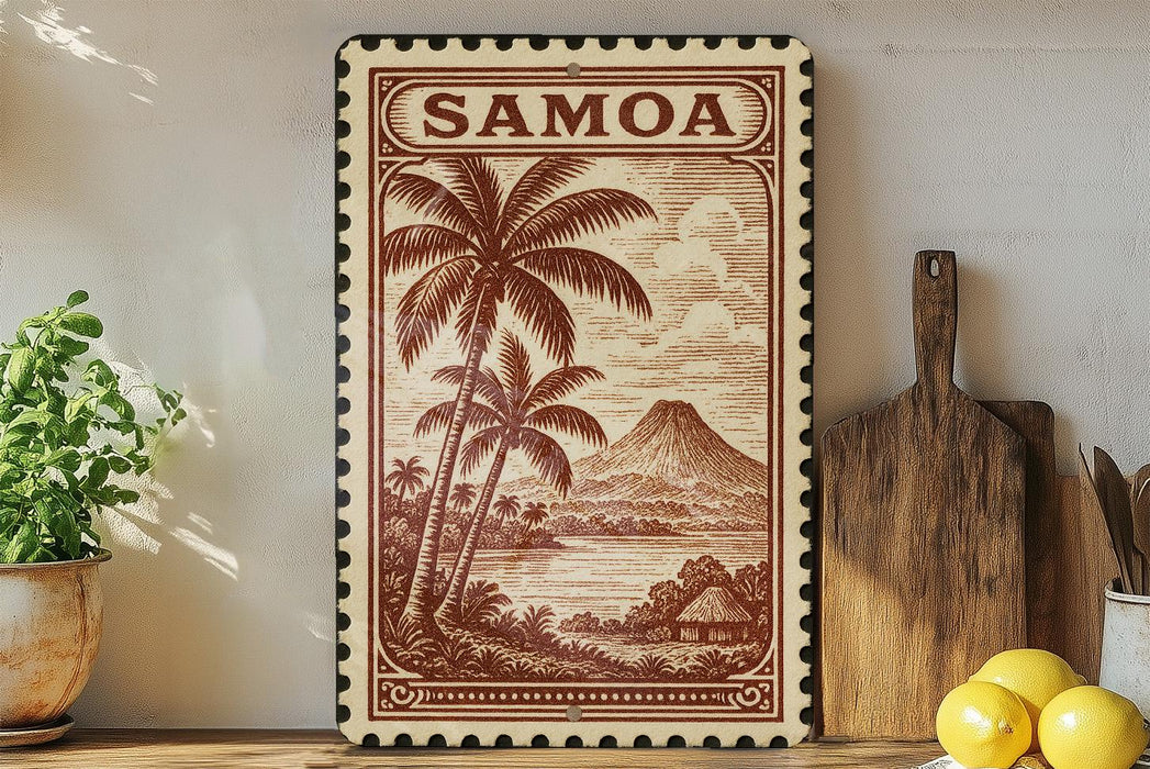 a framed print of a tropical island landscape with palm trees and a mountain, displayed on a shelf next to a wooden cutting board and a potted plant.