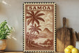 a framed print of a tropical island landscape with palm trees and a mountain, displayed on a shelf next to a wooden cutting board and a potted plant.
