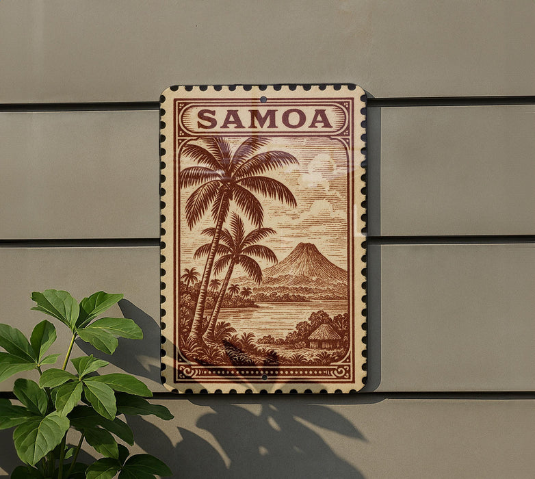 a vintage-style stamp or sign with a tropical landscape, including palm trees and a mountain, mounted on a wall.