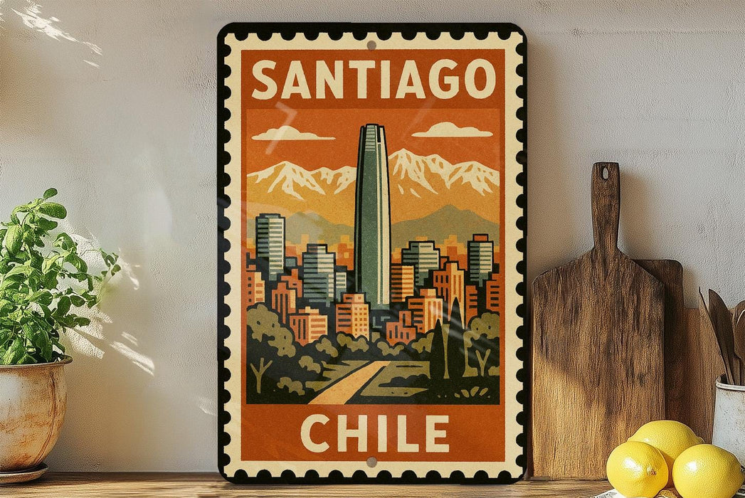 A vintage-style metal sign with the text "SANTIAGO CHILE" displayed prominently, featuring an illustration of a cityscape with mountains in the background.