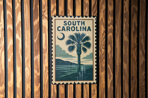 A framed poster of a palm tree and a sunset is displayed on a wooden wall.