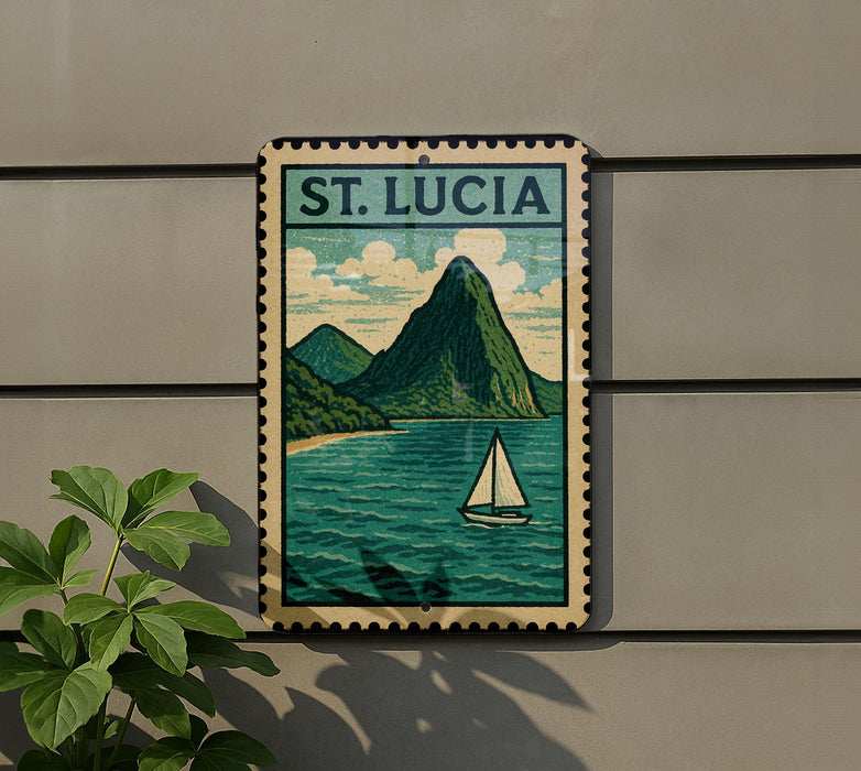 A vintage postage stamp depicting St. Lucia, featuring a sailboat on the water and a mountainous landscape in the background.