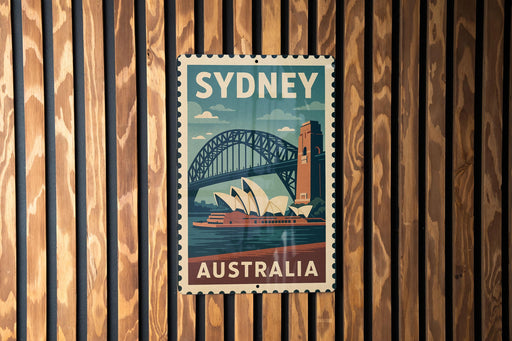 A vintage-style poster of Sydney, Australia, featuring the iconic Sydney Opera House and the Sydney Harbour Bridge, is displayed on a wooden wall.