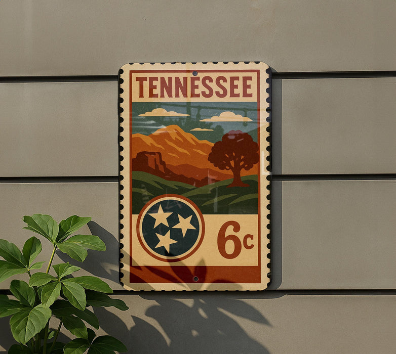 A vintage-style sign for Tennessee, featuring a mountain landscape and the state's six-cent coin denomination.