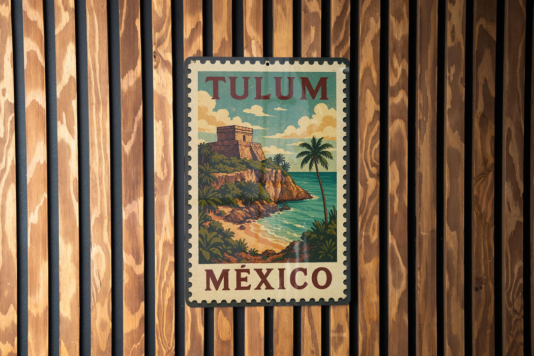 A vintage-style metal sign with the text "TULUM MEXICO" is displayed on a wooden wall.