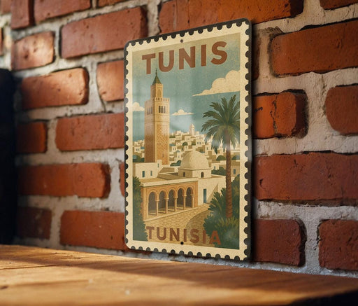 A vintage-style metal sign with the text "TUNIS" and an illustration of a cityscape with a tall tower, palm trees, and a mosque, mounted on a brick wall.