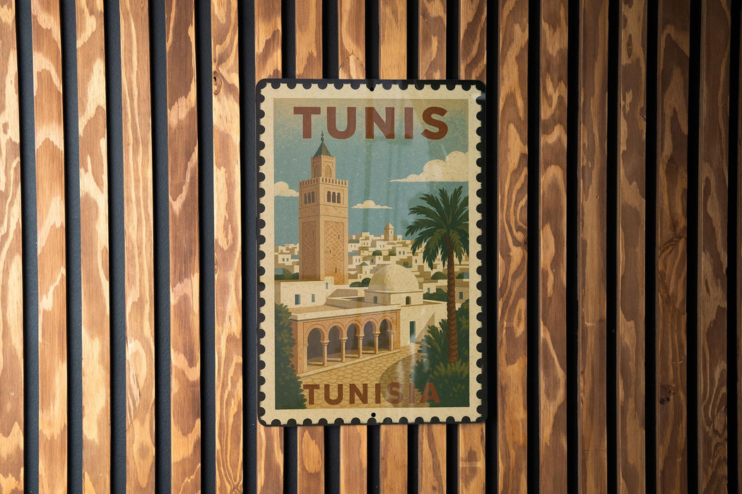 A vintage-style postage stamp from Tunisia featuring a cityscape with a tall tower and palm trees.