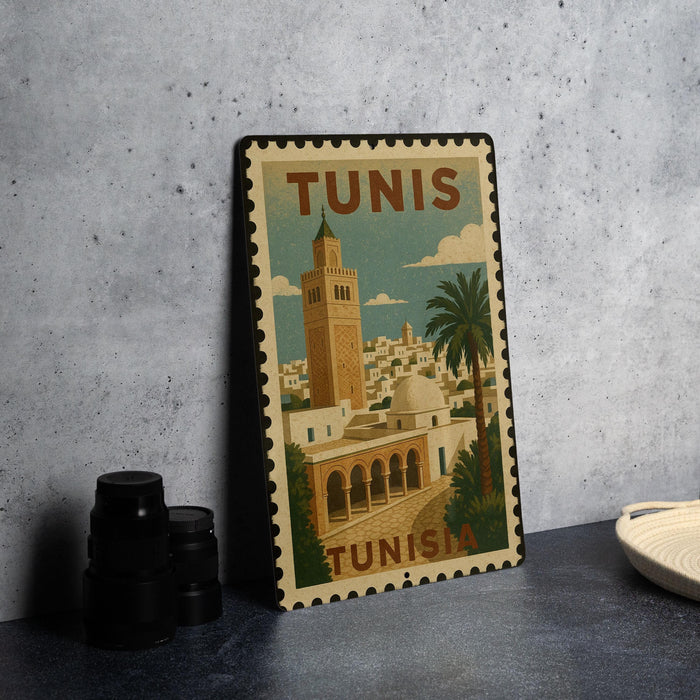 A vintage-style metal stamp depicting a cityscape with a tower and palm trees, featuring the text "TUNIS" prominently displayed.