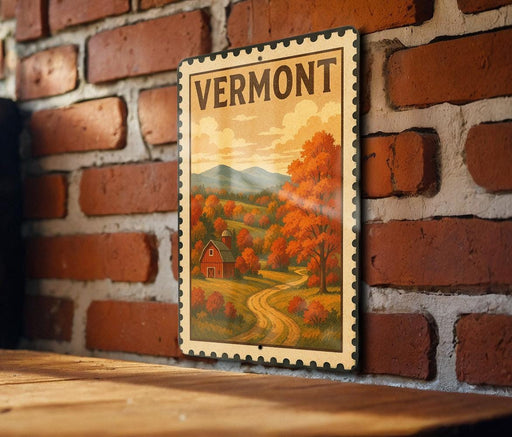 A vintage-style poster of a rural landscape with a red barn and trees in the foreground, hanging on a brick wall.