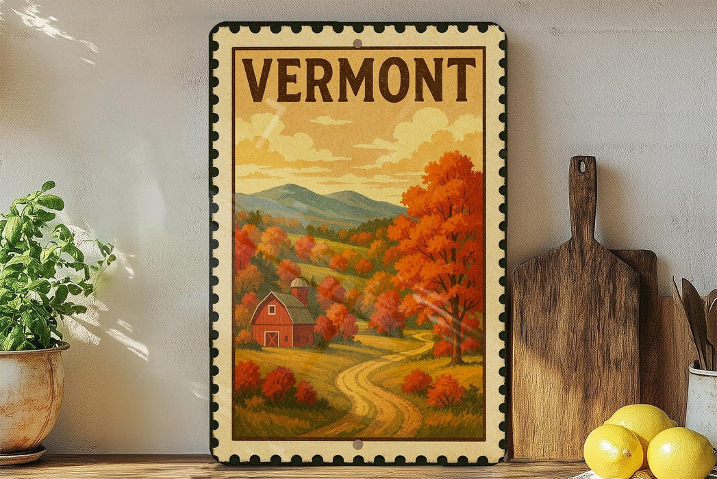 A framed vintage-style poster of a rural landscape in Vermont, featuring a red barn, a winding road, and colorful autumn foliage.