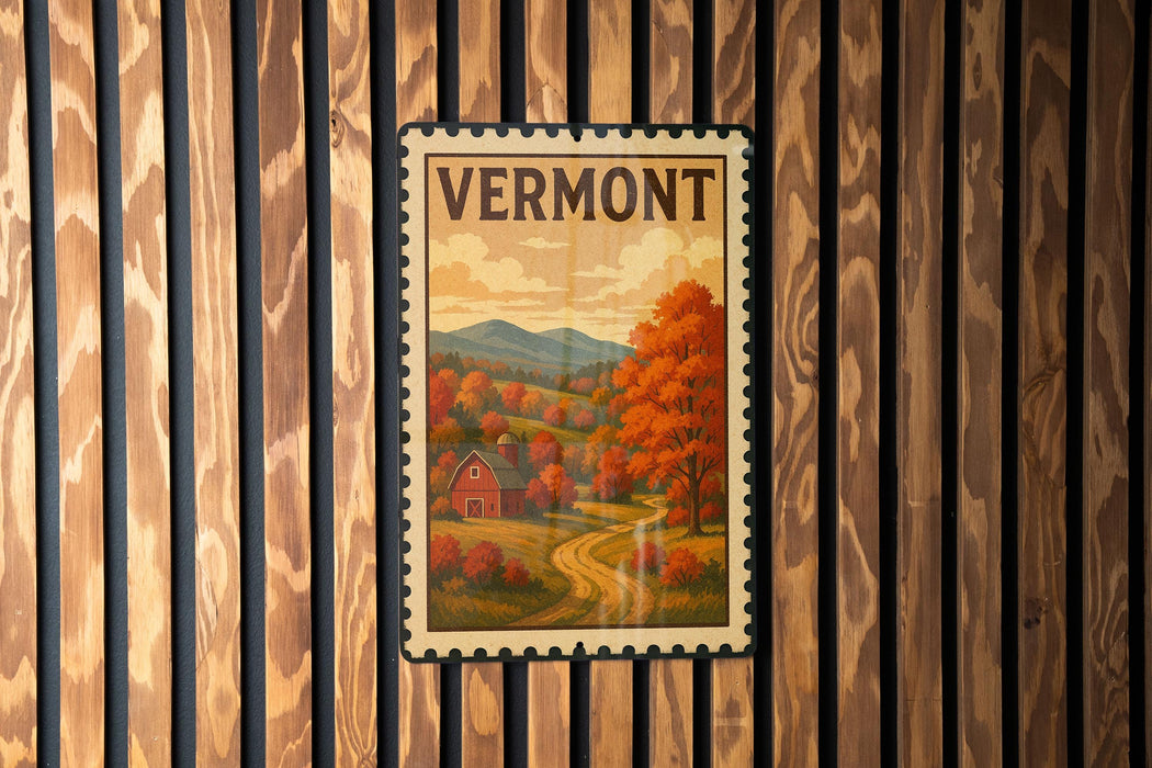 A vintage Vermont postage stamp is displayed on a wooden wall, featuring a scenic autumn landscape with a red barn and a winding road.