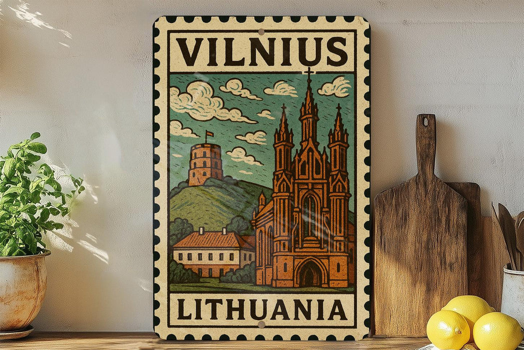 A vintage-style metal sign depicting a castle and a hill, with the text "Vilnius Lithuania" on it, is displayed on a shelf next to a wooden cutting board and a potted plant.