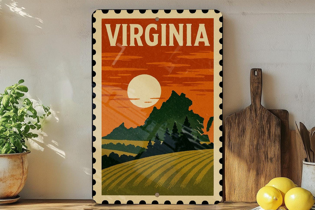 A vintage-style postage stamp depicting a rural landscape with a large sun in the sky, surrounded by mountains and trees.