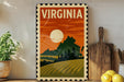 A vintage-style postage stamp depicting a rural landscape with a large sun in the sky, surrounded by mountains and trees.