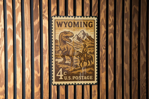 A Wyoming postage stamp featuring a dinosaur and a cowboy on horseback, mounted on a wooden wall.