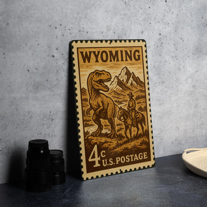 A Wyoming postage stamp featuring a dinosaur and a cowboy on horseback, with the text "Wyoming 4 C U.S. POSTAGE".
