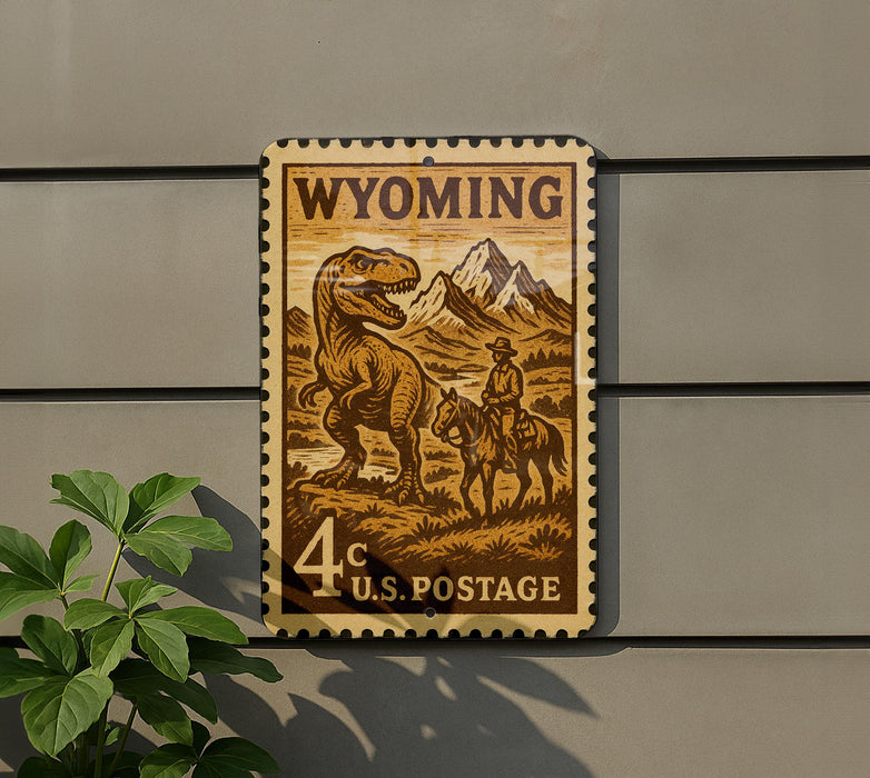A vintage Wyoming postage stamp featuring a dinosaur and a cowboy on horseback, mounted on a wall.