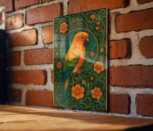 A colorful parrot is depicted on a decorative green and gold frame, set against a brick wall.