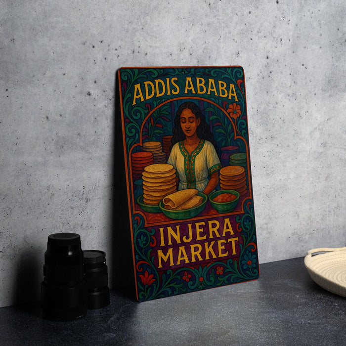 a colorful illustration of a woman selling food at an outdoor market, with stacks of food items and a decorative border around the illustration.