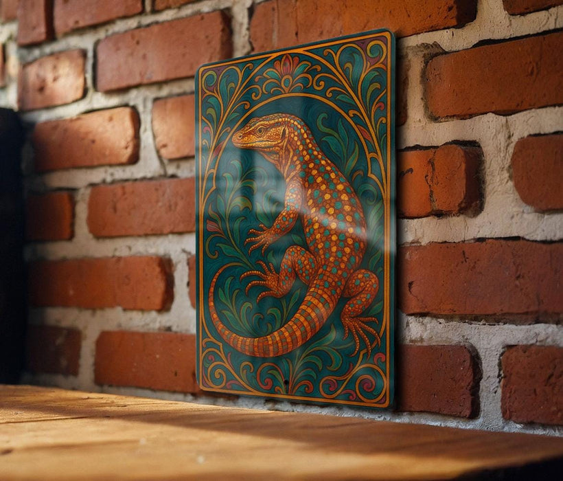 a vibrant, colorful painting of a lizard or salamander, which is displayed on a brick wall.
