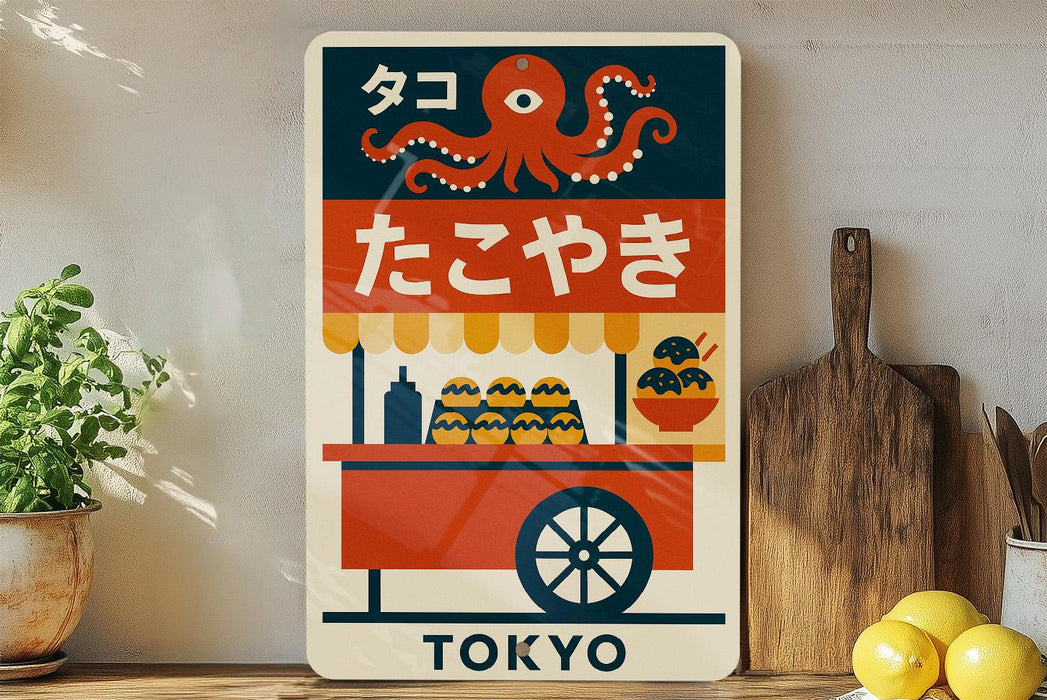 A colorful poster featuring an illustration of an ice cream vendor and an octopus, with the word "TOKYO" written on it. The poster is displayed on a wall next to a wooden cutting board and some kitchen utensils.